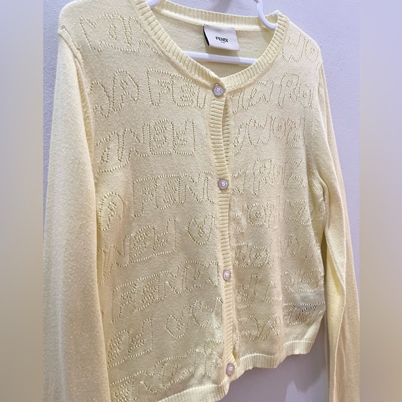 Fendi Junior Girls Yellow Cotton Cardigan Fendi Motif Made in Italy Size 8A - Picture 3 of 11